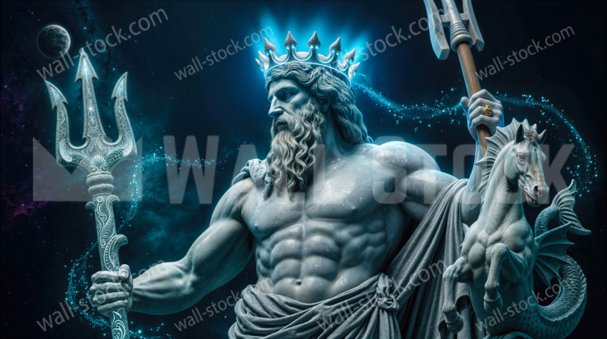 A powerful stone statue of Poseidon wearing a glowing crown and holding tridents next to a sea horse in deep space