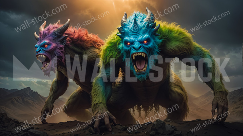 Two fantastic creatures with fur and horns standing on a rocky surface