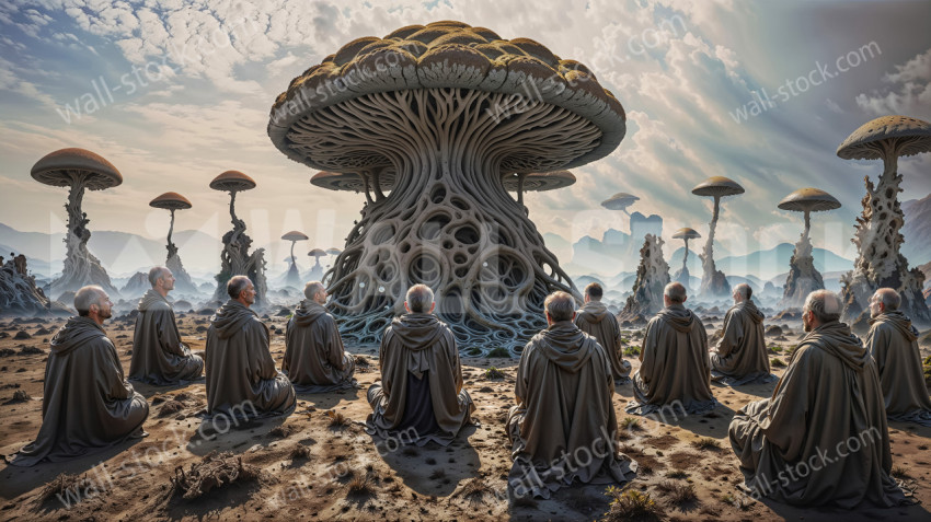 A group of old men sitting in a circle, meditating, on a planet with a large mushroom-like structure