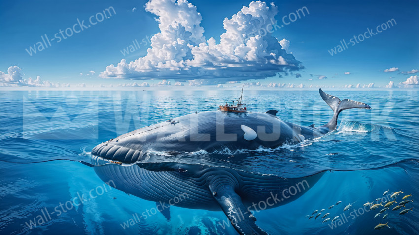 A boat resting on the back of a gigantic whale, navigating the endless ocean