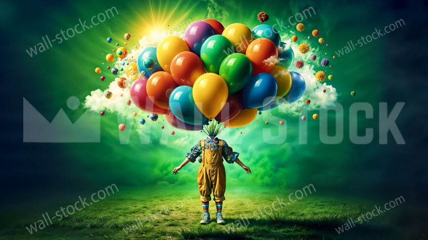 Balloons flying over a clown child's head