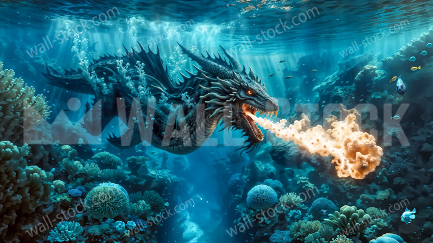 A fierce dragon with a mouth full of fire swims in the ocean, surrounded by coral and sea creatures