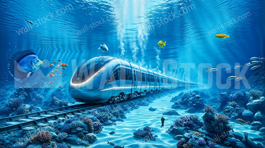 A futuristic underwater roller coaster that passes through a vibrant underwater ecosystem