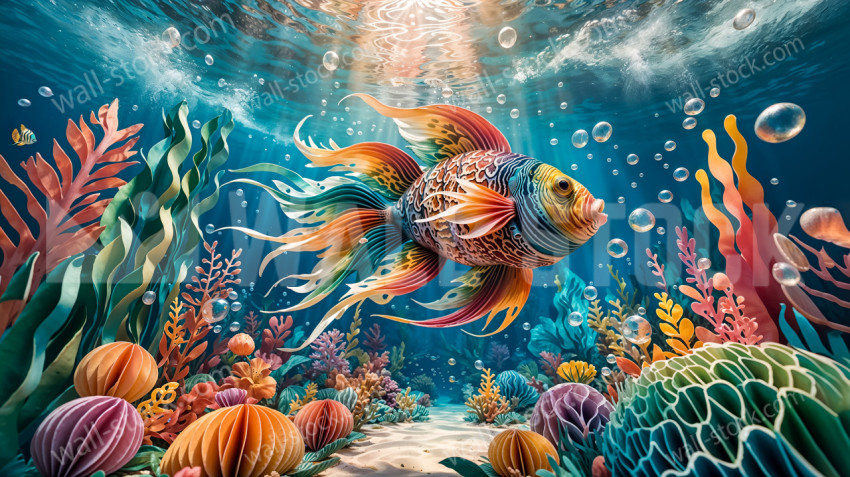 A fish delicately crafted from paper, swimming gracefully underwater