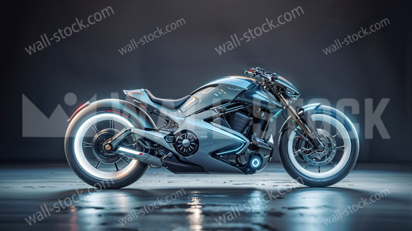 A futuristic motorcycle with sleek lines, a metallic blue colour and a wet surface that reflects its design