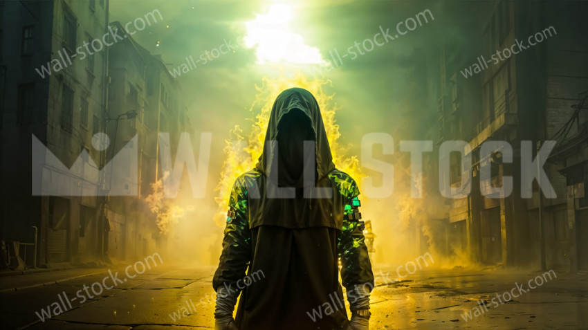 A man standing on a city street, surrounded by a fiery explosion, with a yellow glow emanating from him
