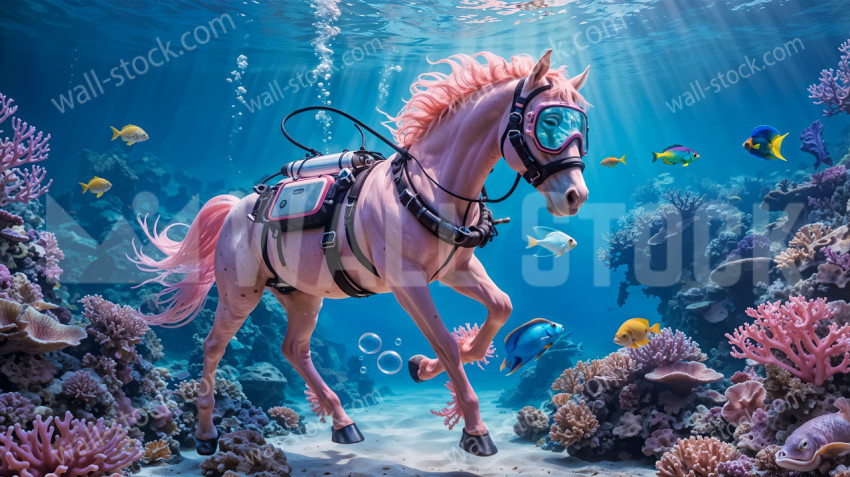 A horse equipped with a diving suit and flippers swims underwater with fish.