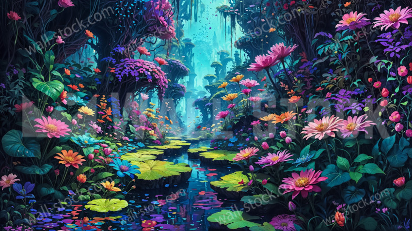 A vibrant and colorful fantasy garden scene. A path of lily pads leads to a waterfall filled with flowers