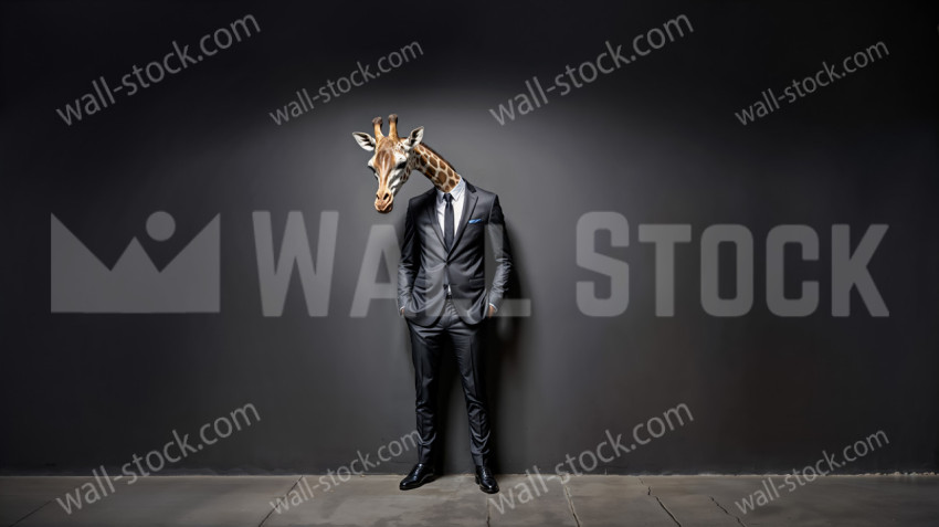 A giraffe wearing a suit with his hands in his pockets standing in front of a black wall