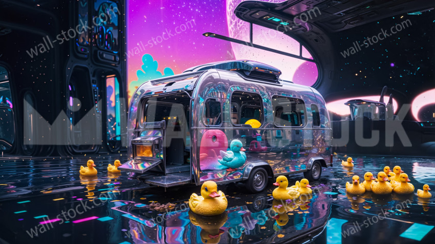A futuristic shiny Airstream trailer has rubber ducks around it