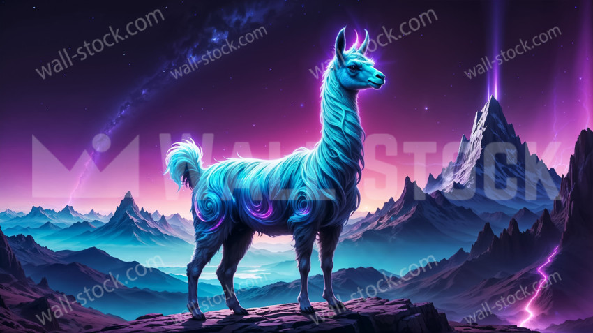 Glowing neon llama standing on a rocky ledge