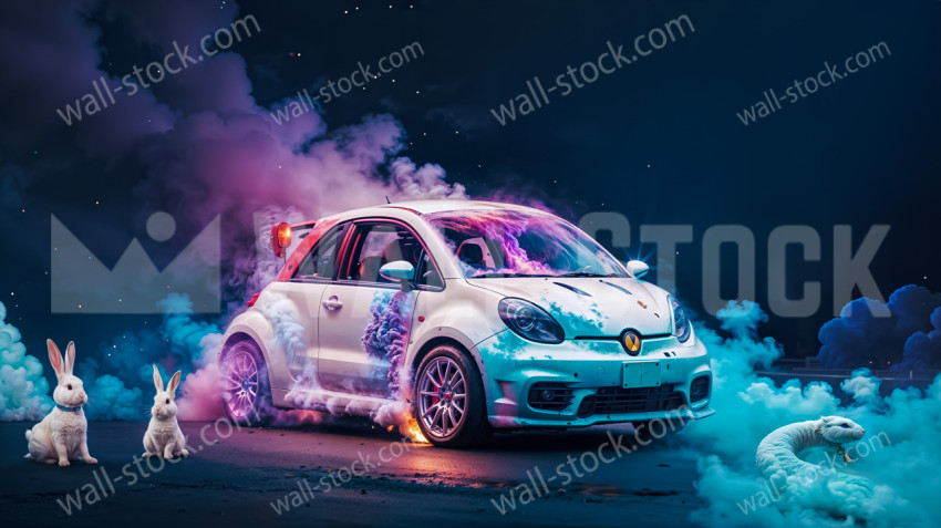 There is a fantastic animal and rabbits around a sports car that is emitting colored smoke