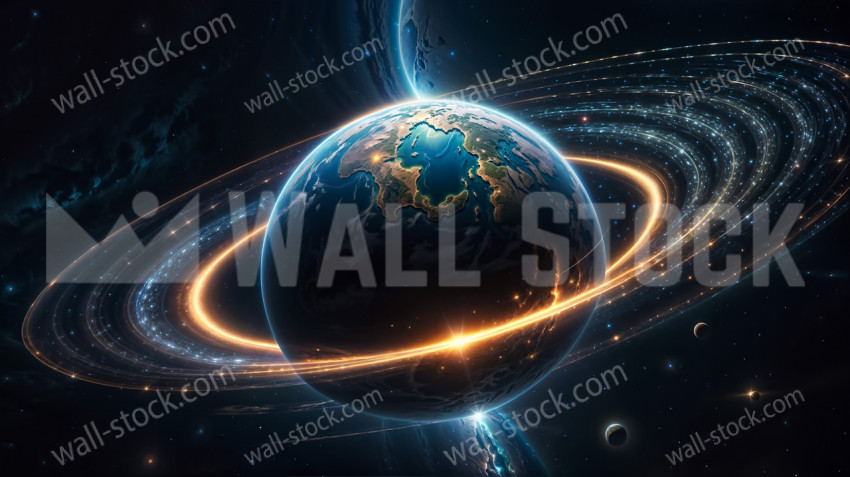 A living and dynamic Earth surrounded by many interconnected rings in a moving space