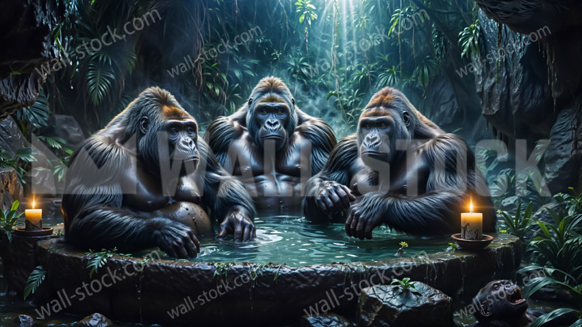 Gorillas resting in a natural hot spring surrounded by lush vegetation