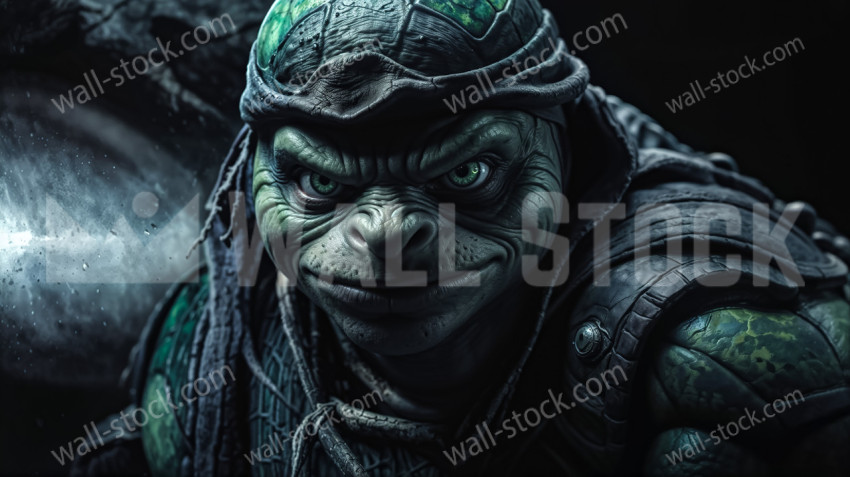 The sharp gaze of the ninja turtle emerging from the darkness and shadows