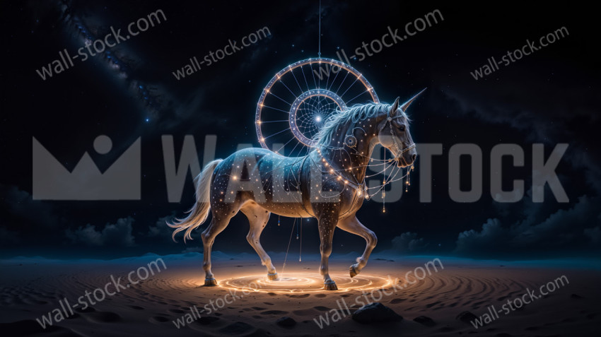 A unicorn standing on a large circle of stars in the desert