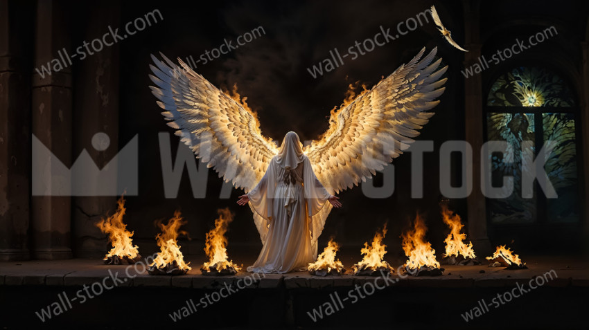 A mysterious being with large wings standing on a platform filled with piles of fire.