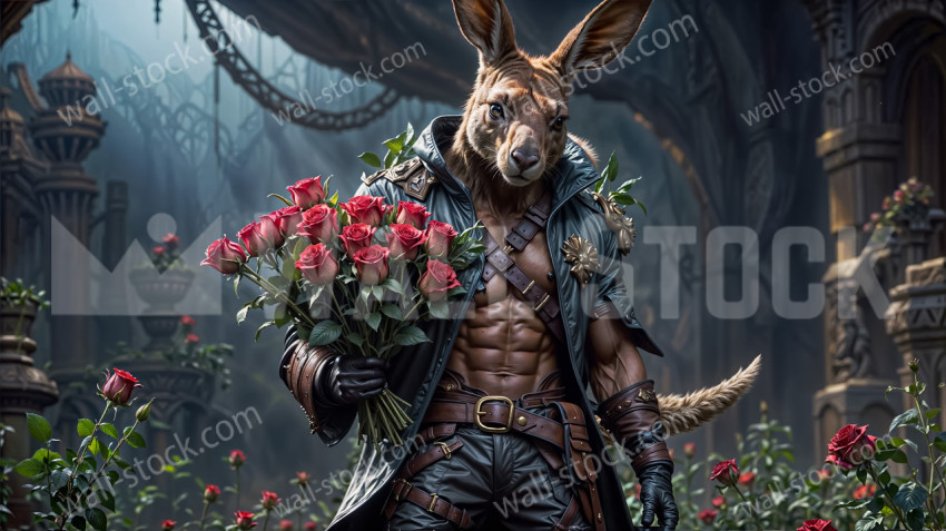 Male chimera mutant, rabbit-eared humanoid kangaroo holding a bouquet of roses