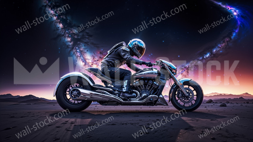In the void of the Andromeda galaxy, a futuristic, custom cruiser-like Chrome-bodied motorcycle