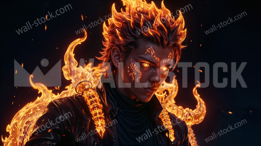 Charismatic man with a black jacket, spiky and flaming hair, and a body that emits flames
