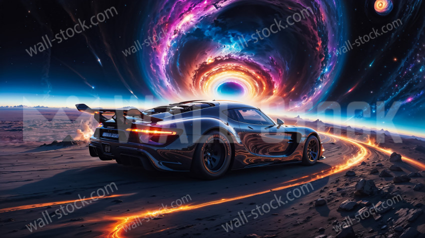 The futuristic race car is hurtling through the boundless expanses of a distant galaxy,