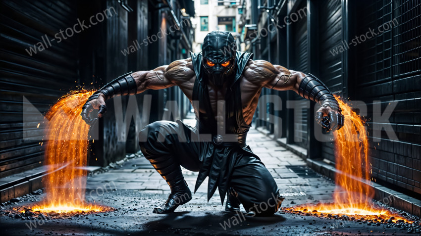 A cinematic shot of Scorpion from Mortal Kombat taken in a dark alley