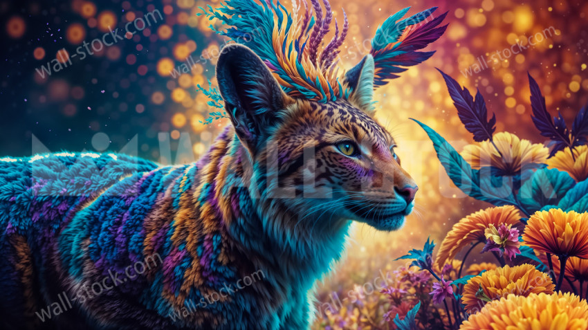 A Fantastic Lynx Adorned with Colorful and Fascinating Flowers
