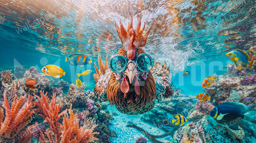 Goggled Chicken Embarking on an Underwater Adventure with Tropical Coral Reef