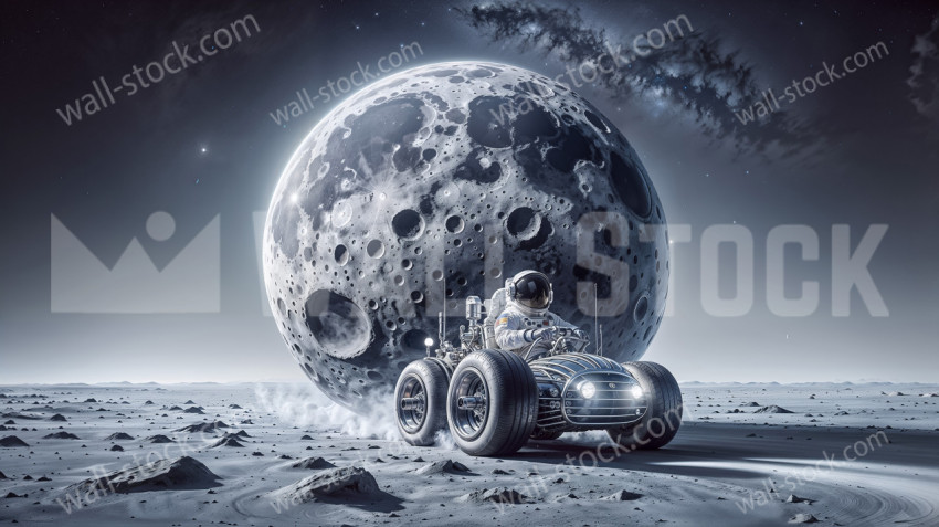 Astronaut Tows Artificial Moon With Old Modified Hot Rod on the Surface of the Moon