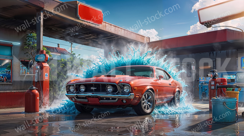 Classic muscle car breaking through water wall at retro gas station