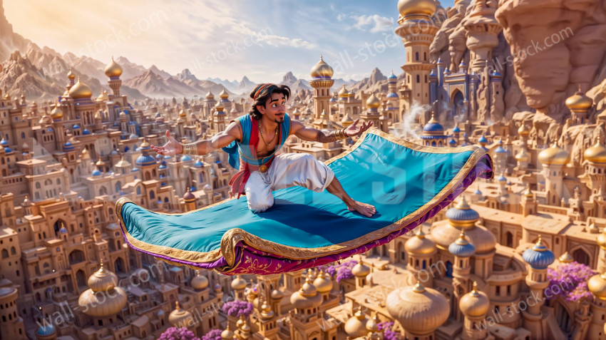 Aladdin flies over the golden city on his flying magic carpet