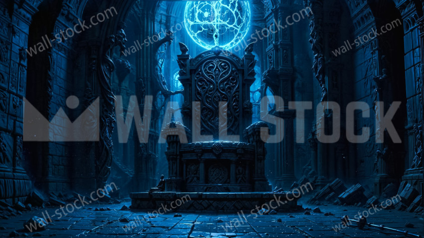 Mystical throne room in gothic ruins illuminated by enigmatic blue light