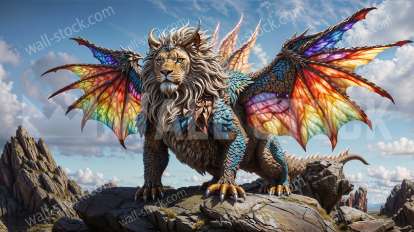 A majestic creature with the body of a lion and the wings of a dragon stands on a rocky ledge