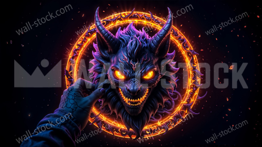 Halloween horned and wild creature in front of a ring of fire