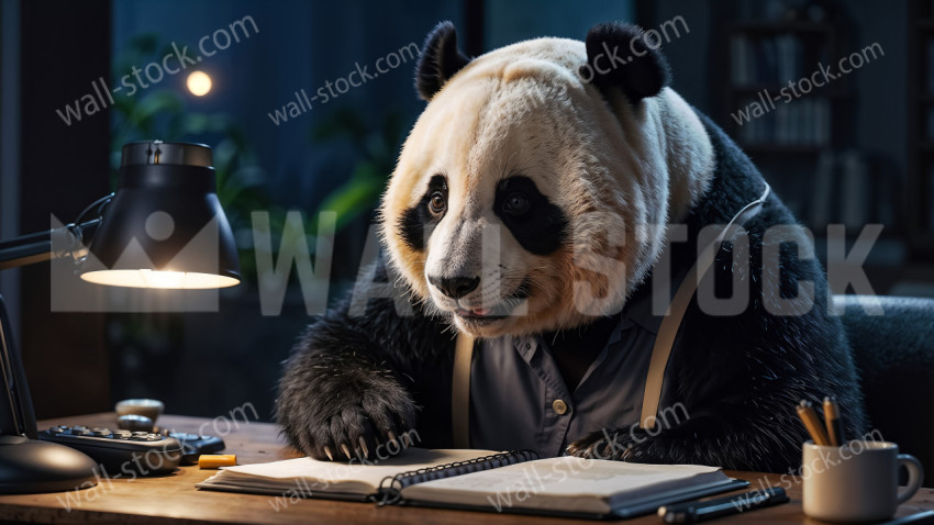 Studious panda in evening attire working at home office