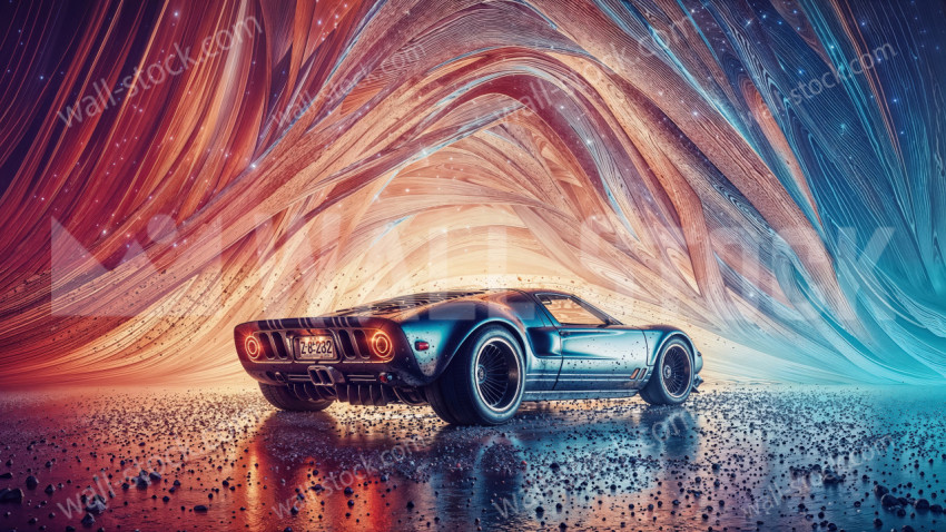 Big wheel race car with colorful wave shaped background