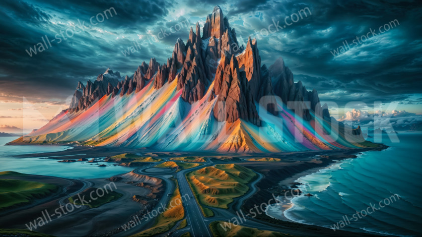 A mountain landscape that looks like a rainbow with colorful snow falling around it
