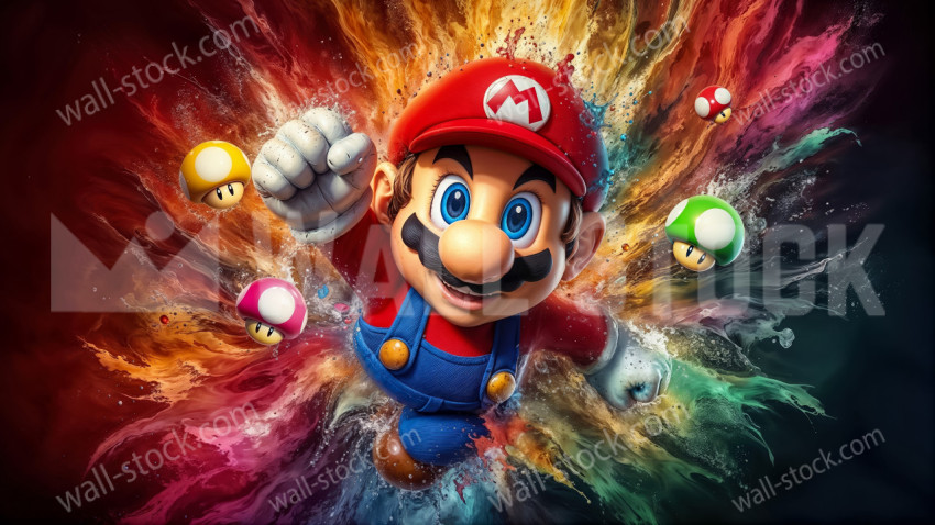 Video game character Mario jumps towards growth mushroom