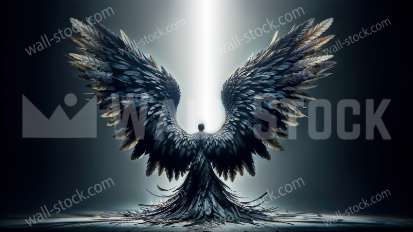 Man resembling a giant-winged bird poses with his wings outstretched and his back turned