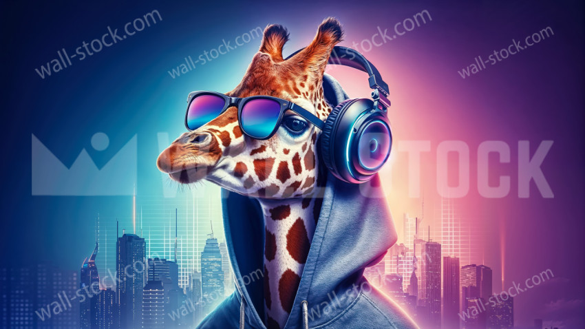 A giraffe listening to music, wearing a hoodie and big headphones