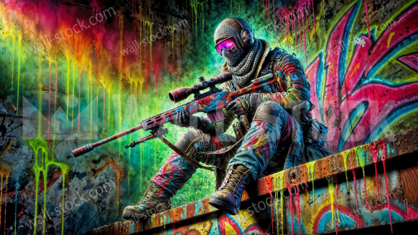 A masked sniper stands on a rusty ledge in a graffiti-filled corner
