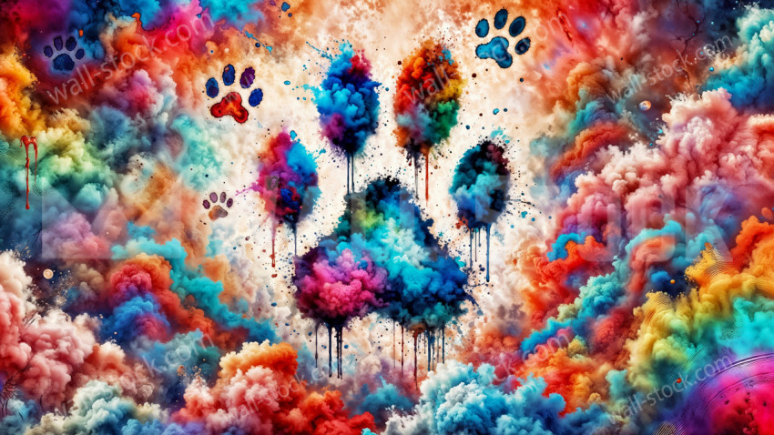 Colorful paw prints emerge from colorful clouds