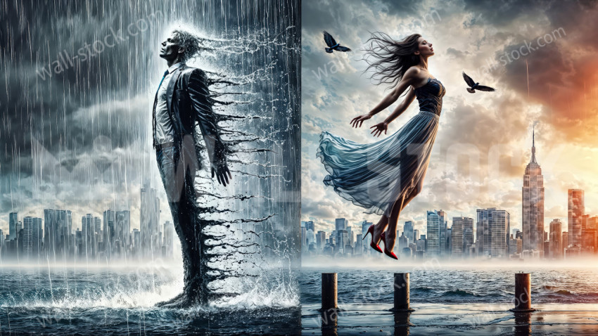 In a universe divided into two, a man melting in the rain and a woman flying in the wind are accompanied by birds