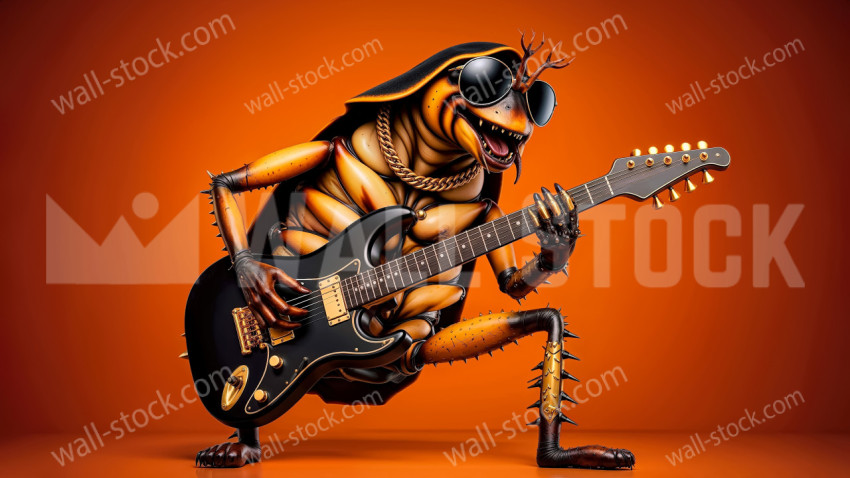 A cockroach wearing gold jewelry and accessories plays the electric guitar with impressive moves