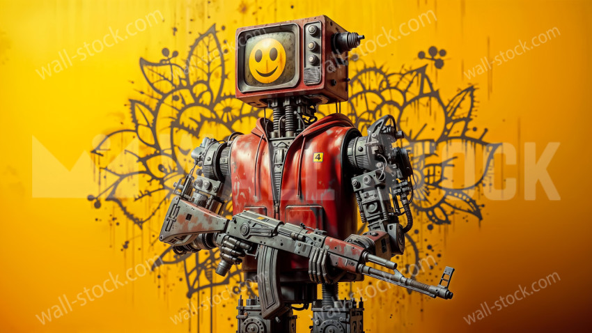 Weathered industrial iron military robot with smiling face poses with long-barreled gun