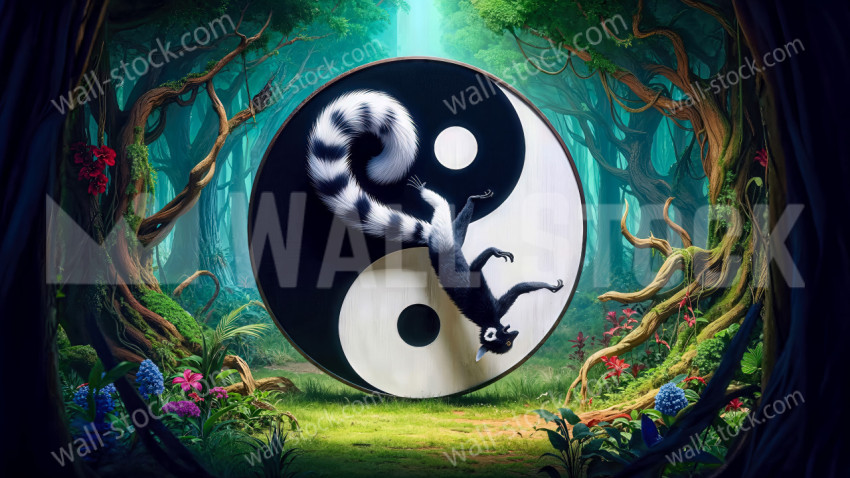 A lemur playfully climbs a large yin-yang symbol, surrounded by lush vegetation and colorful flowers