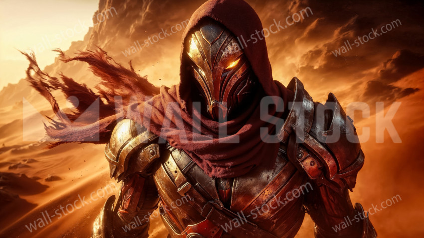 A warrior in bronze and red armor standing in a sun-scorched desert