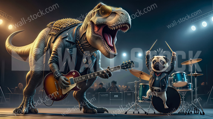 A gigantic T. rex dinosaur roars with laughter, dressed like a rock star, wearing a leather jacket, jeans, sunglasses, and playing an electric guitar. A pug drummer accompanies him.