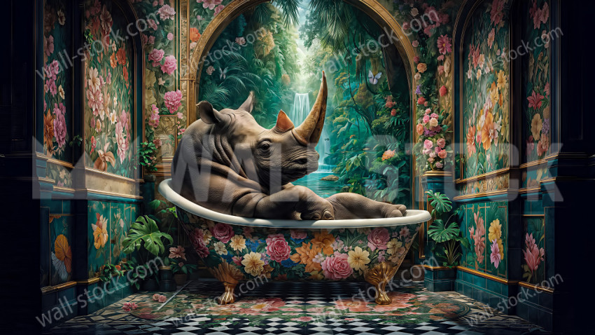 A floral room and a rhino sitting calmly in a floral bathtub