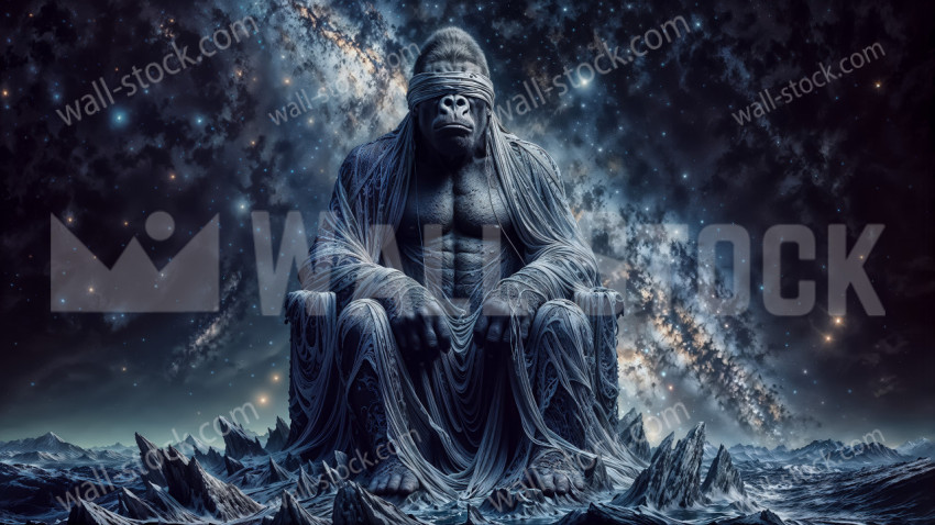 A blindfolded King Gorilla sits on a throne made of ancient stone